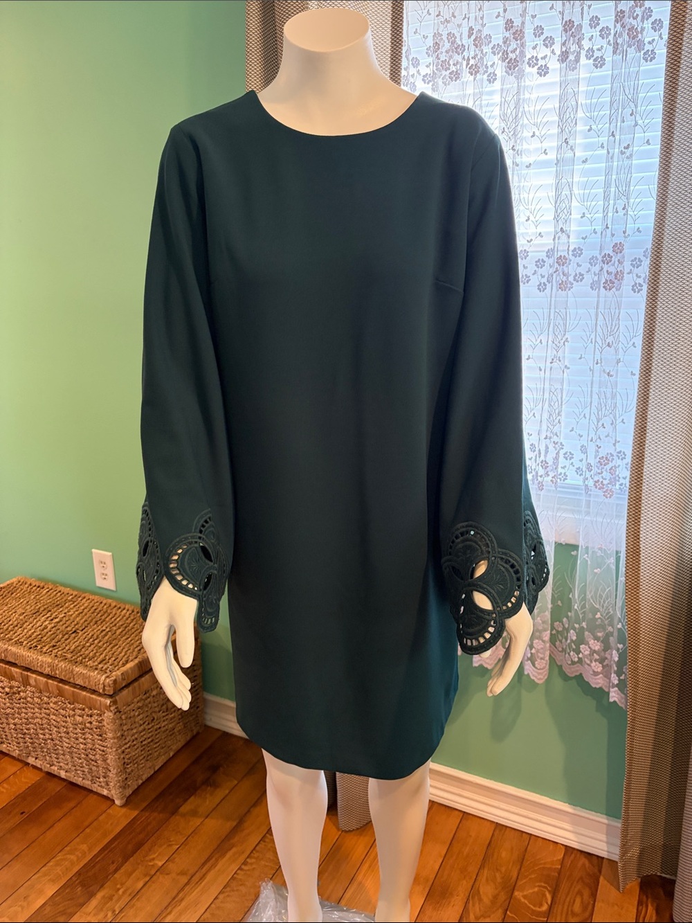 Women's Dark Teal Long Sleeve Shift Dress with Lace Sleeve Detail